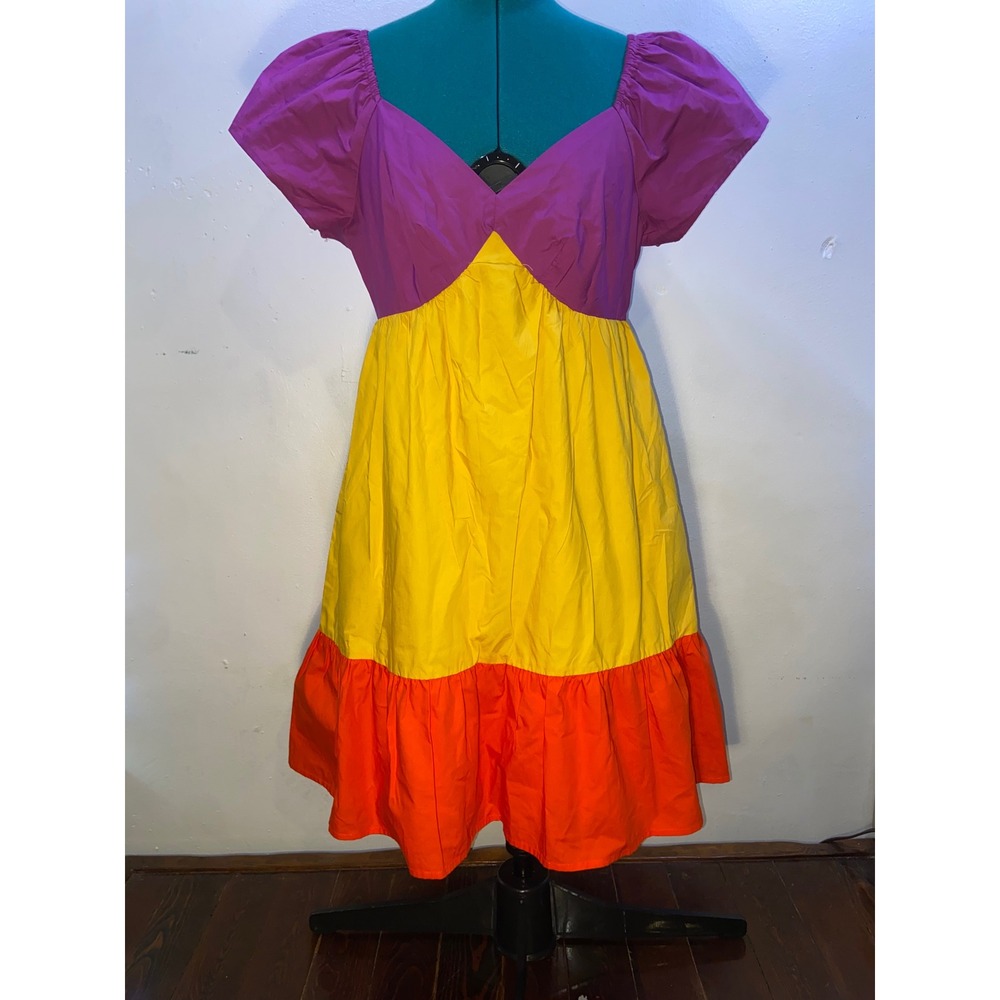 The Get Colorblock Tiered Cotton Midi Dress Puff Sleeves Maximalist Eclectic - S - Picture 2 of 7